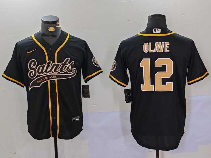 Mens New Orleans Saints #12 Chris Olave Black Cool Base Stitched Baseball Jersey